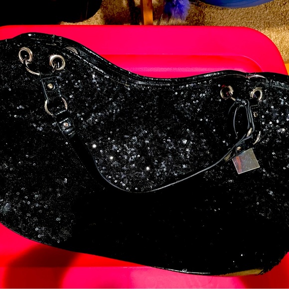 Nine West Black Sequin Purse, leopard print lining - Picture 2 of 11